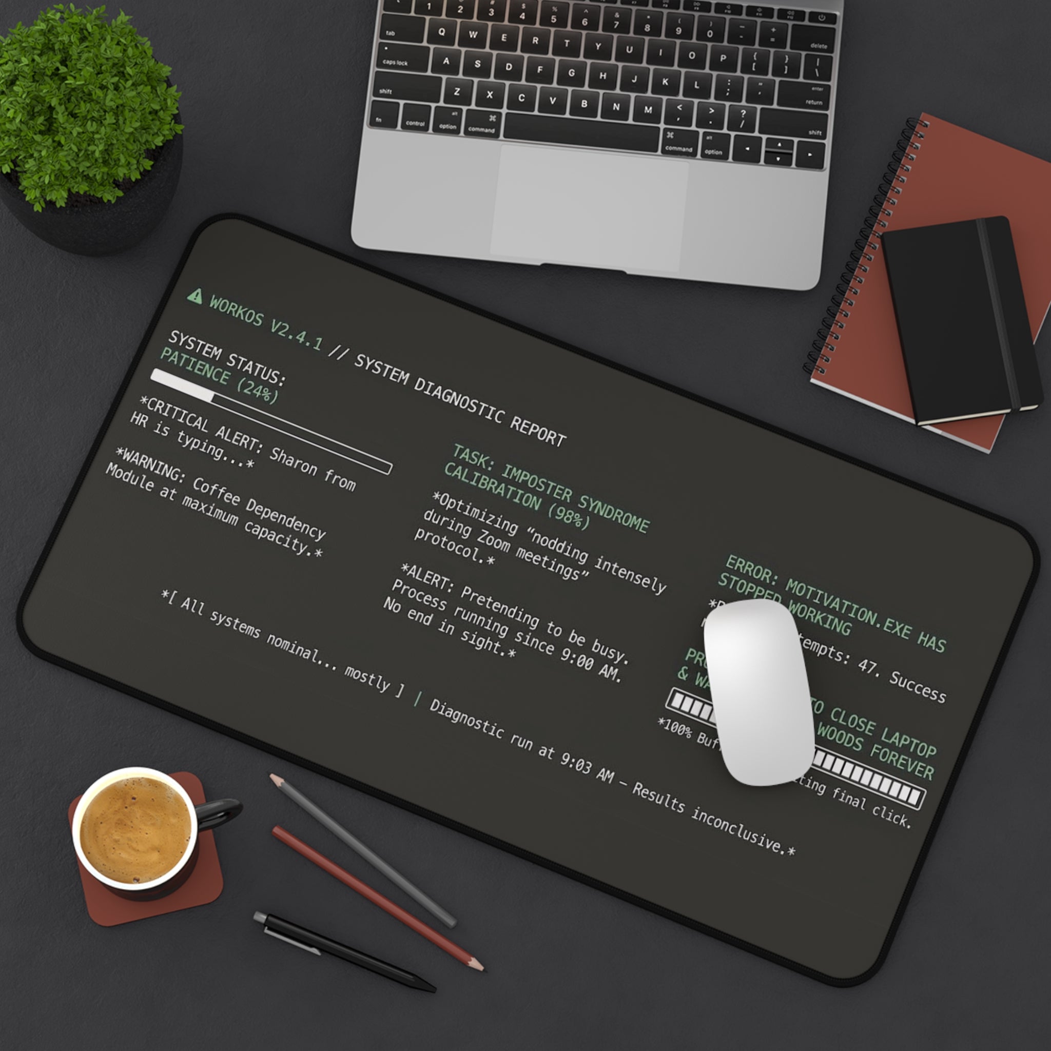 Motivation.exe Desk Mat – Retro Terminal Office Humor