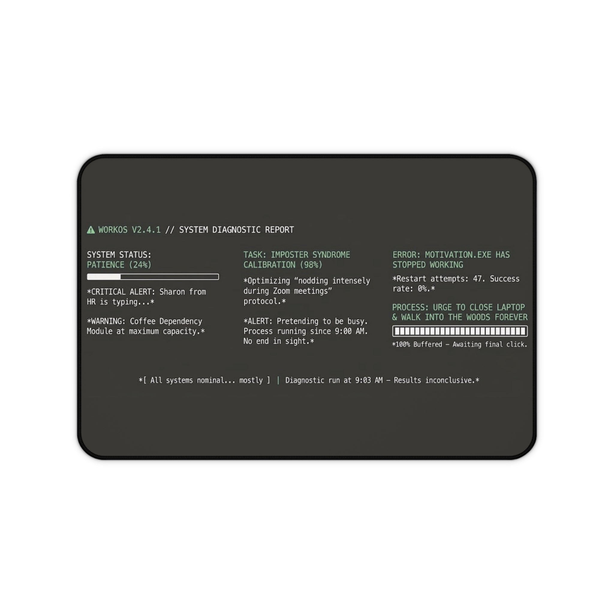 Motivation.exe Desk Mat – Retro Terminal Office Humor