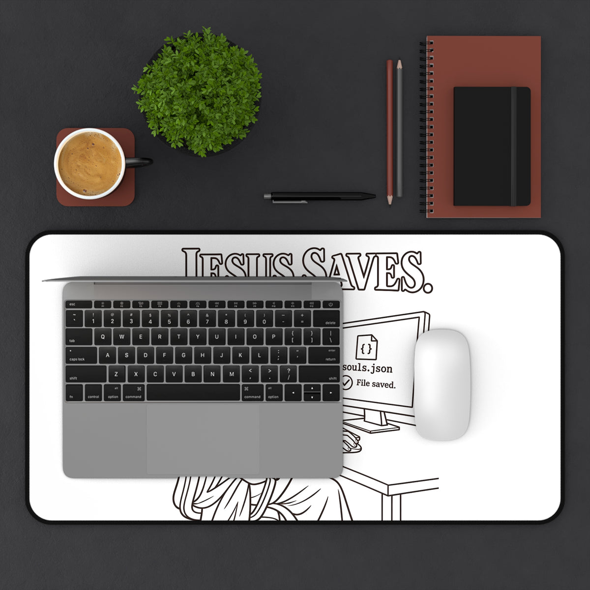 Jesus Saves Desk Mat — Humorous Developer & Christian Office Mousepad