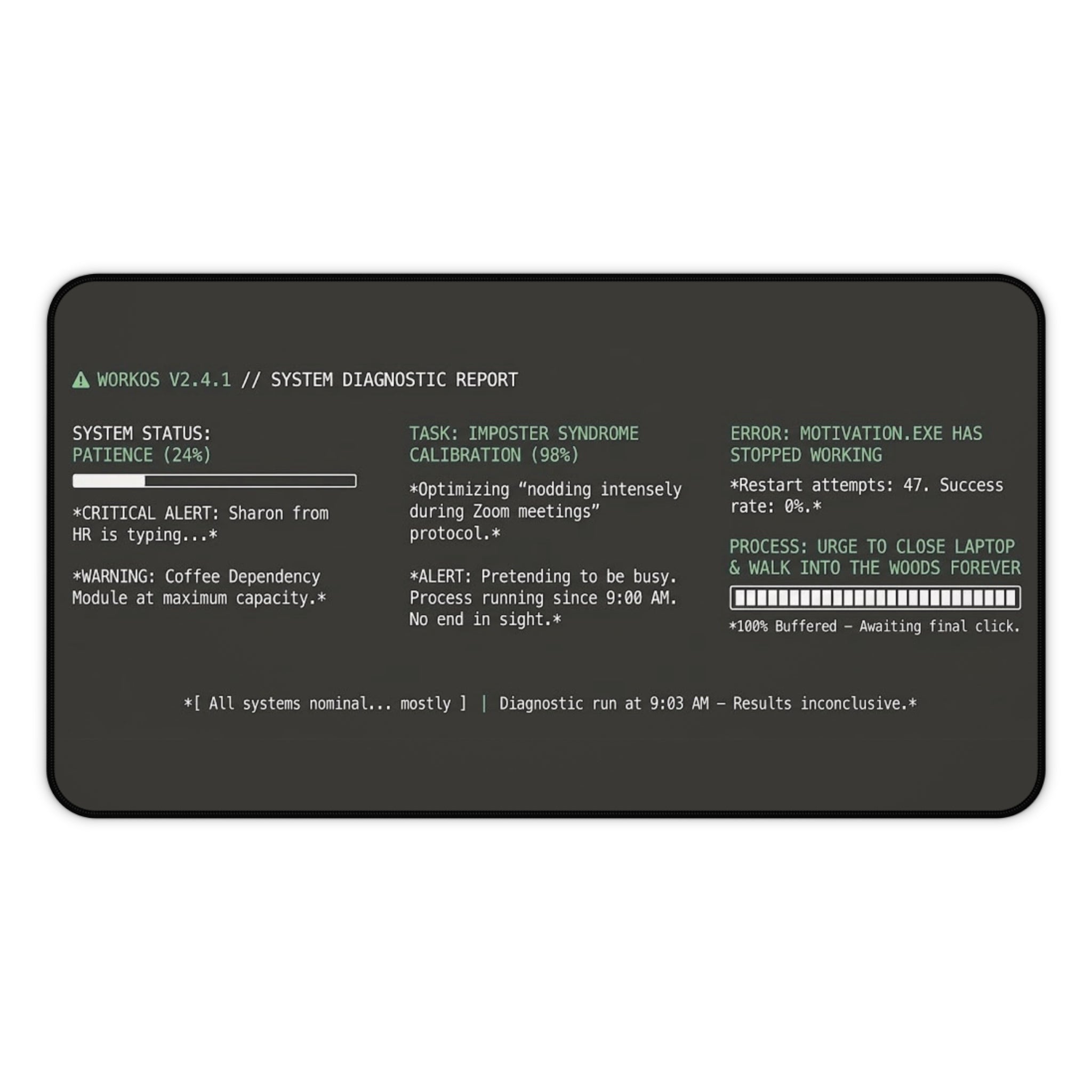 Motivation.exe Desk Mat – Retro Terminal Office Humor
