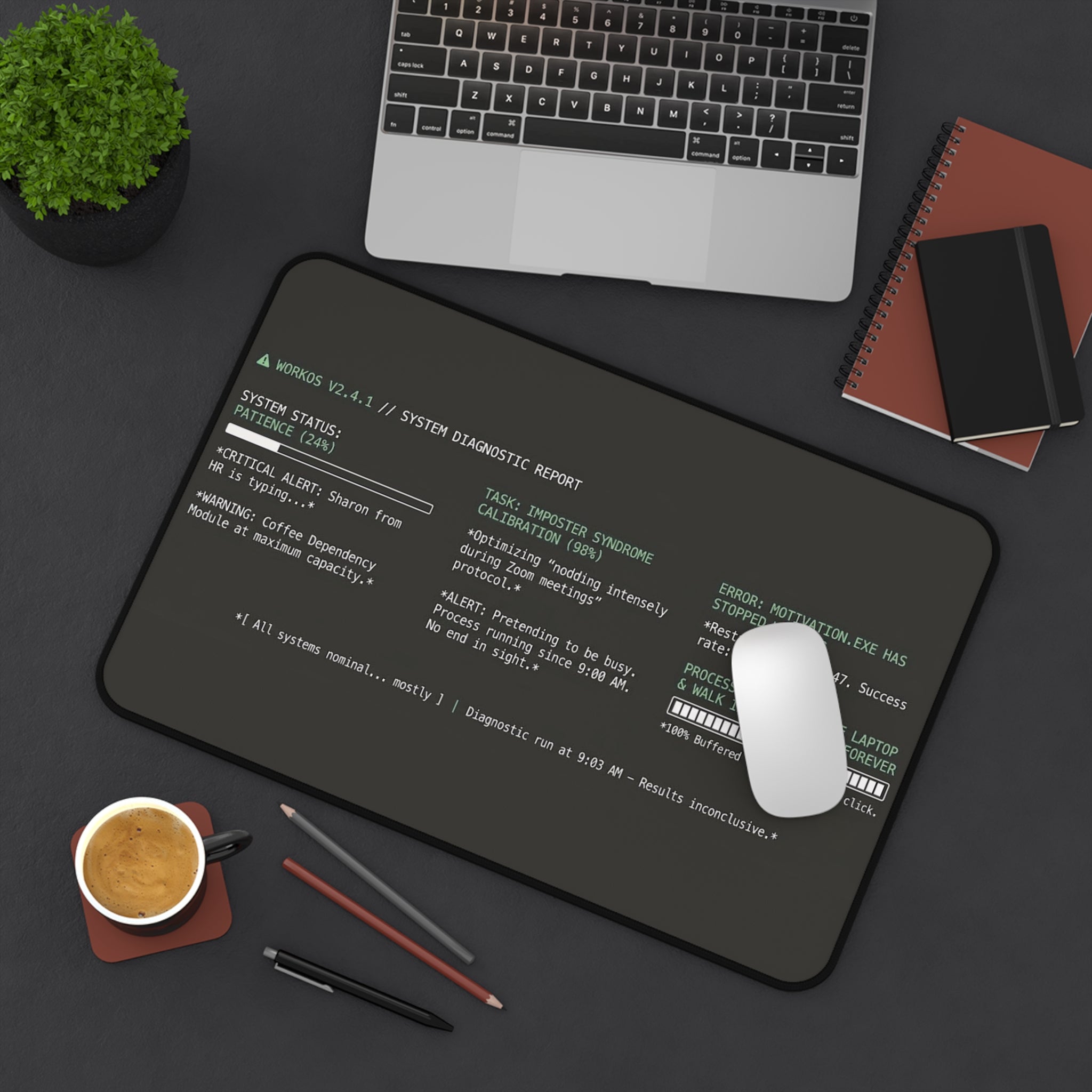 Motivation.exe Desk Mat – Retro Terminal Office Humor