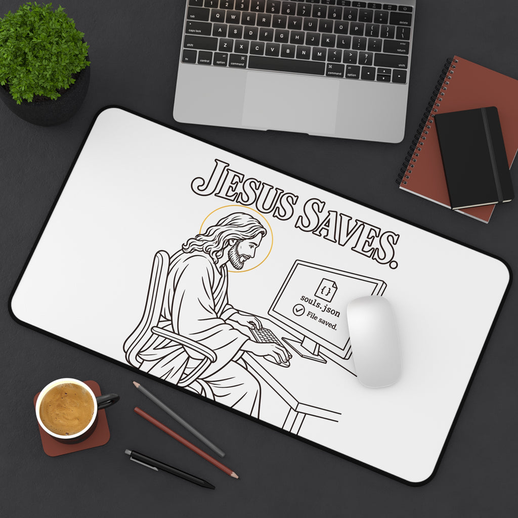 Jesus Saves Desk Mat — Humorous Developer & Christian Office Mousepad