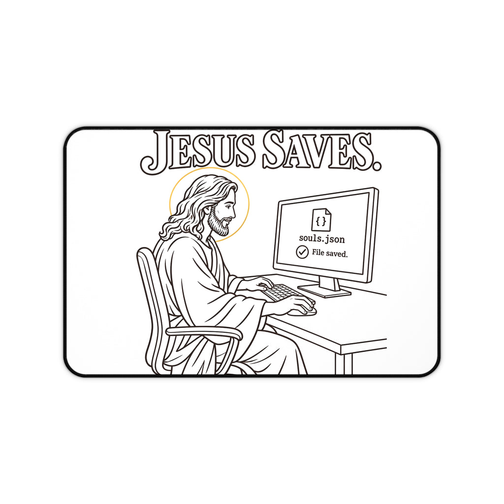 Jesus Saves Desk Mat — Humorous Developer & Christian Office Mousepad