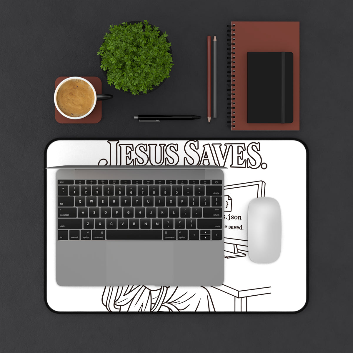 Jesus Saves Desk Mat — Humorous Developer & Christian Office Mousepad