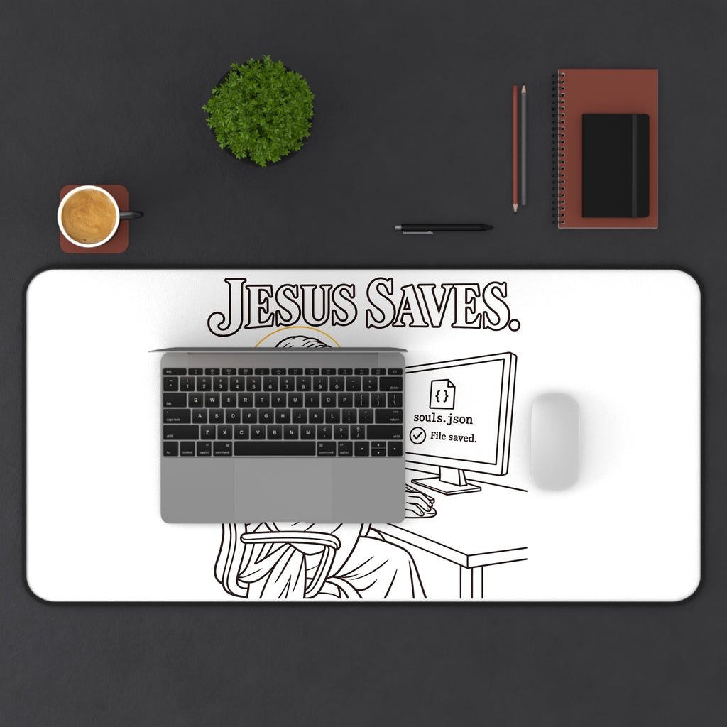 Jesus Saves Desk Mat — Humorous Developer & Christian Office Mousepad
