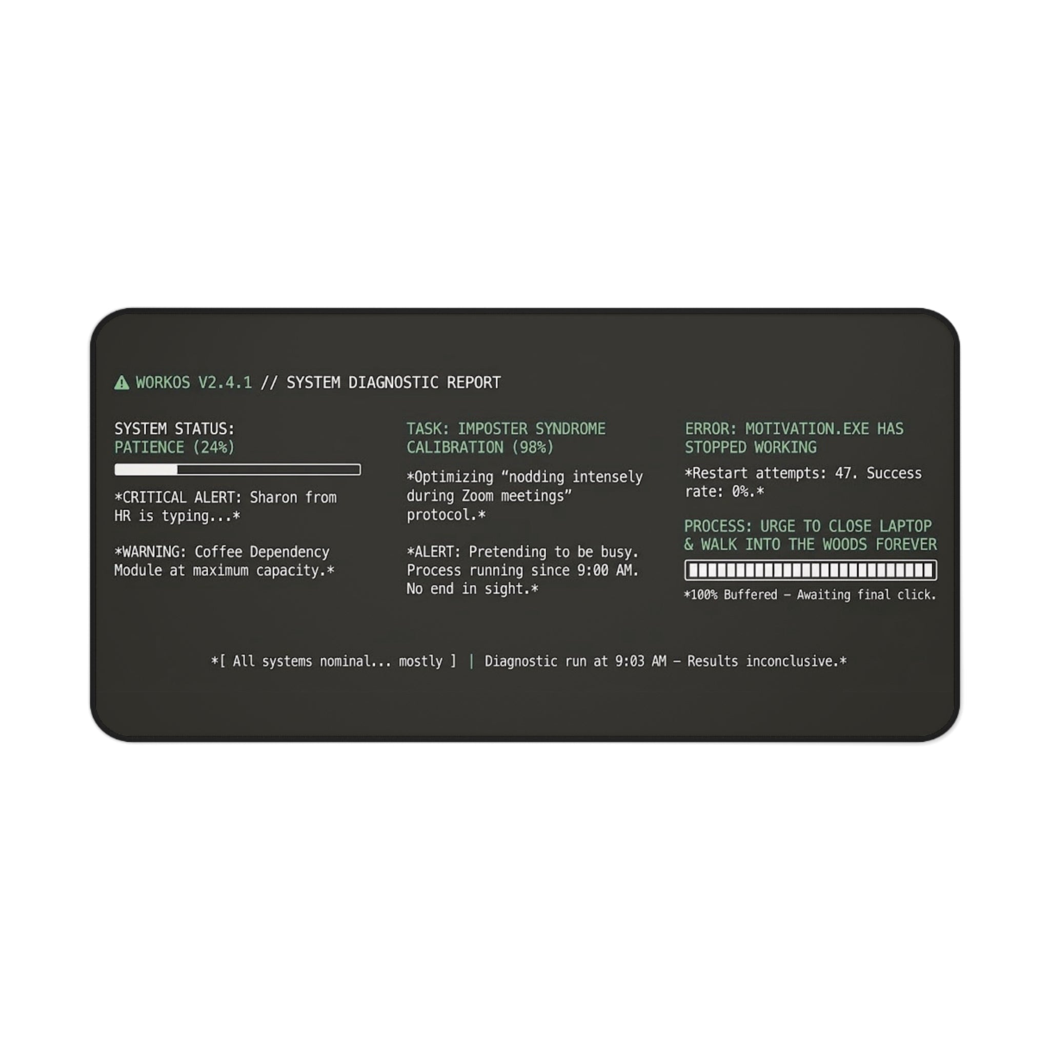 Motivation.exe Desk Mat – Retro Terminal Office Humor