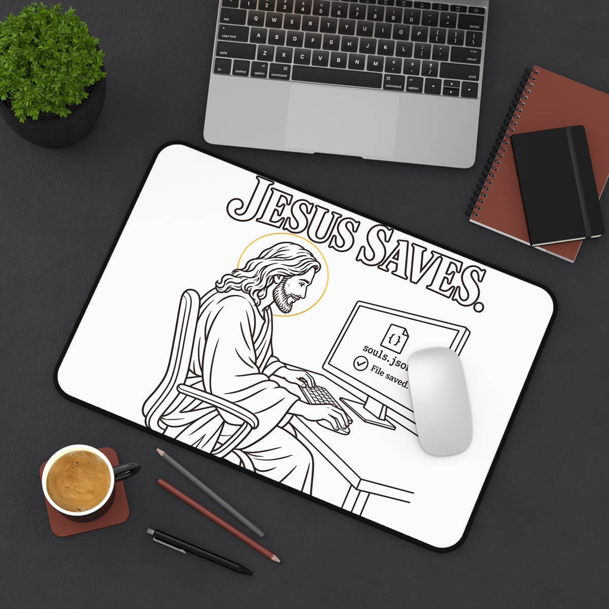 Jesus Saves Desk Mat — Humorous Developer & Christian Office Mousepad