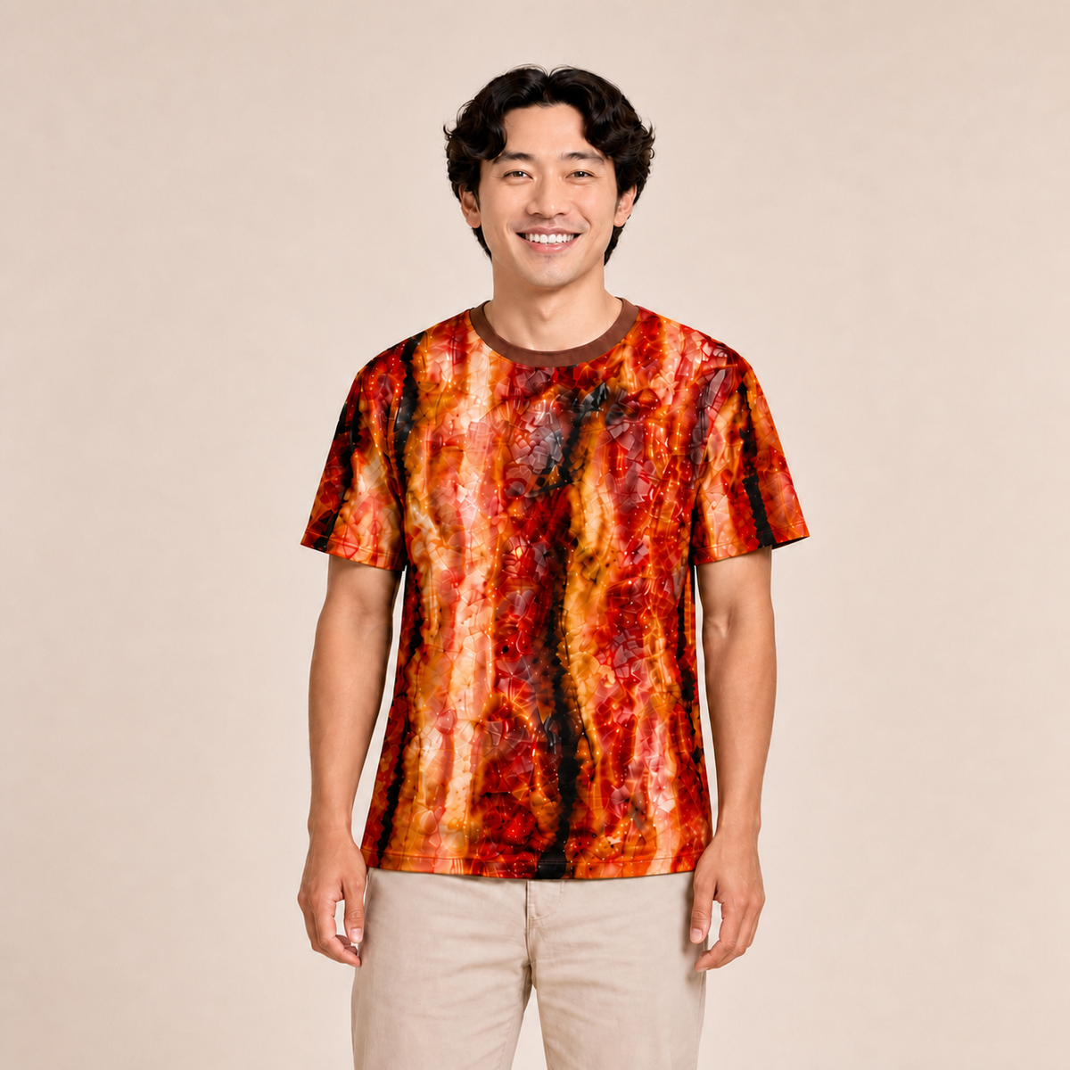 Bacon all-over-print shirt worn by approved Foodwear actor, front view