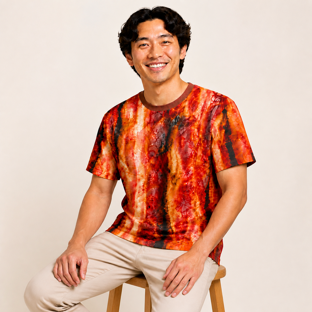 Bacon all-over-print shirt worn by approved Foodwear actor, seated three-quarter view