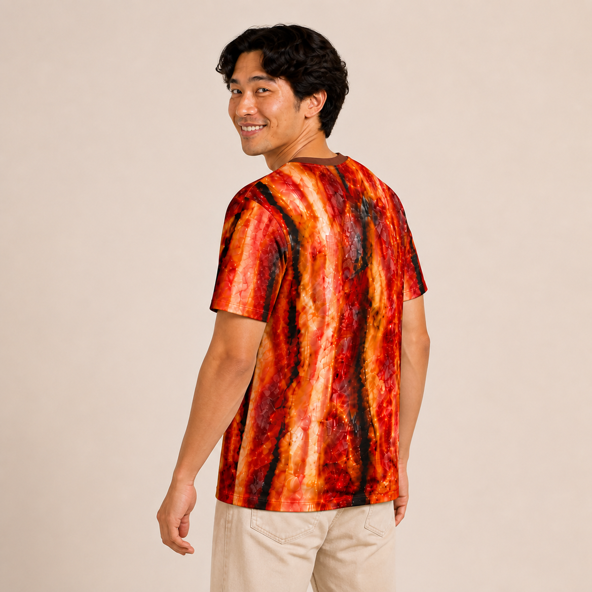 Bacon all-over-print shirt worn by approved Foodwear actor, rear three-quarter view