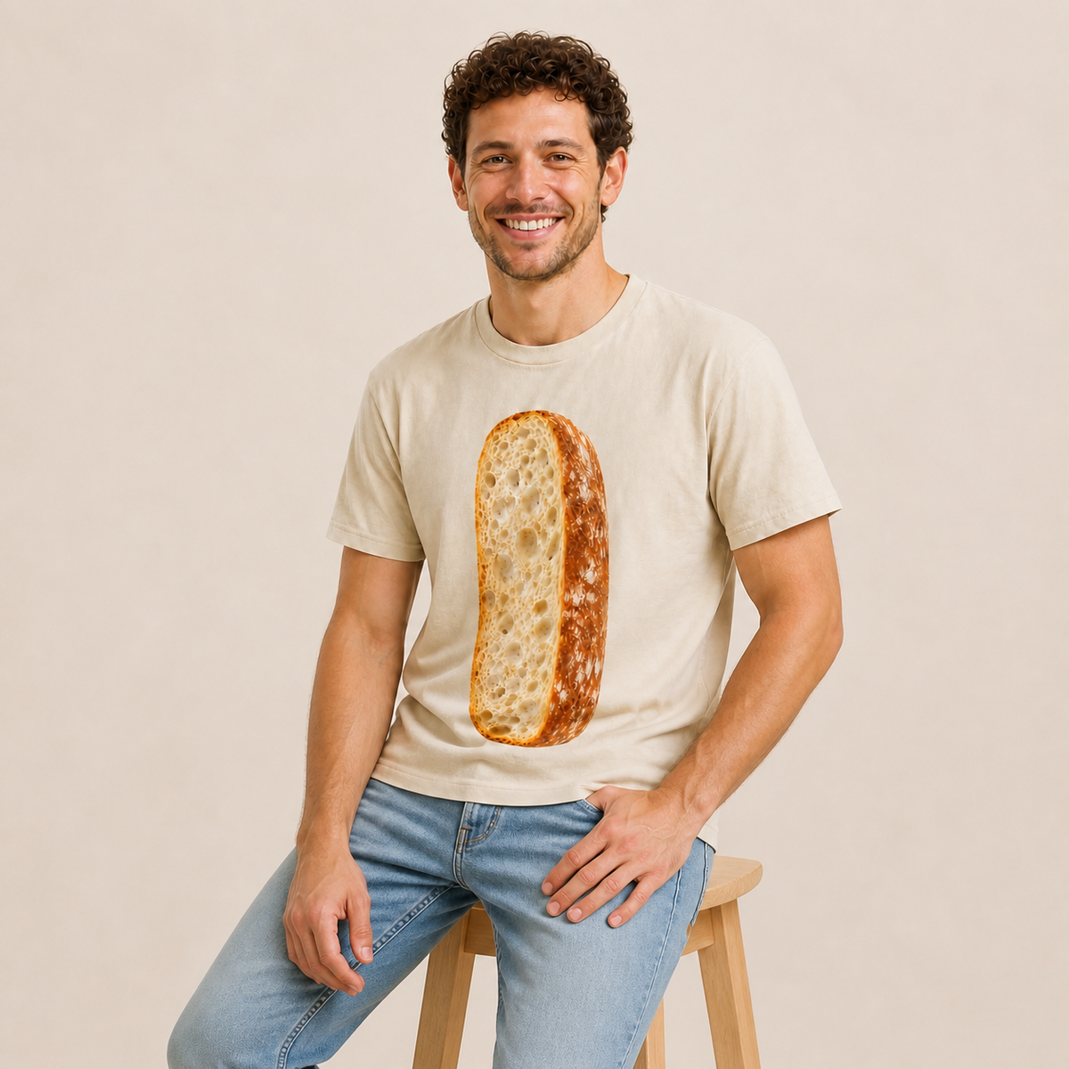Bottom Ciabatta shirt worn by approved Foodwear actor, seated three-quarter view