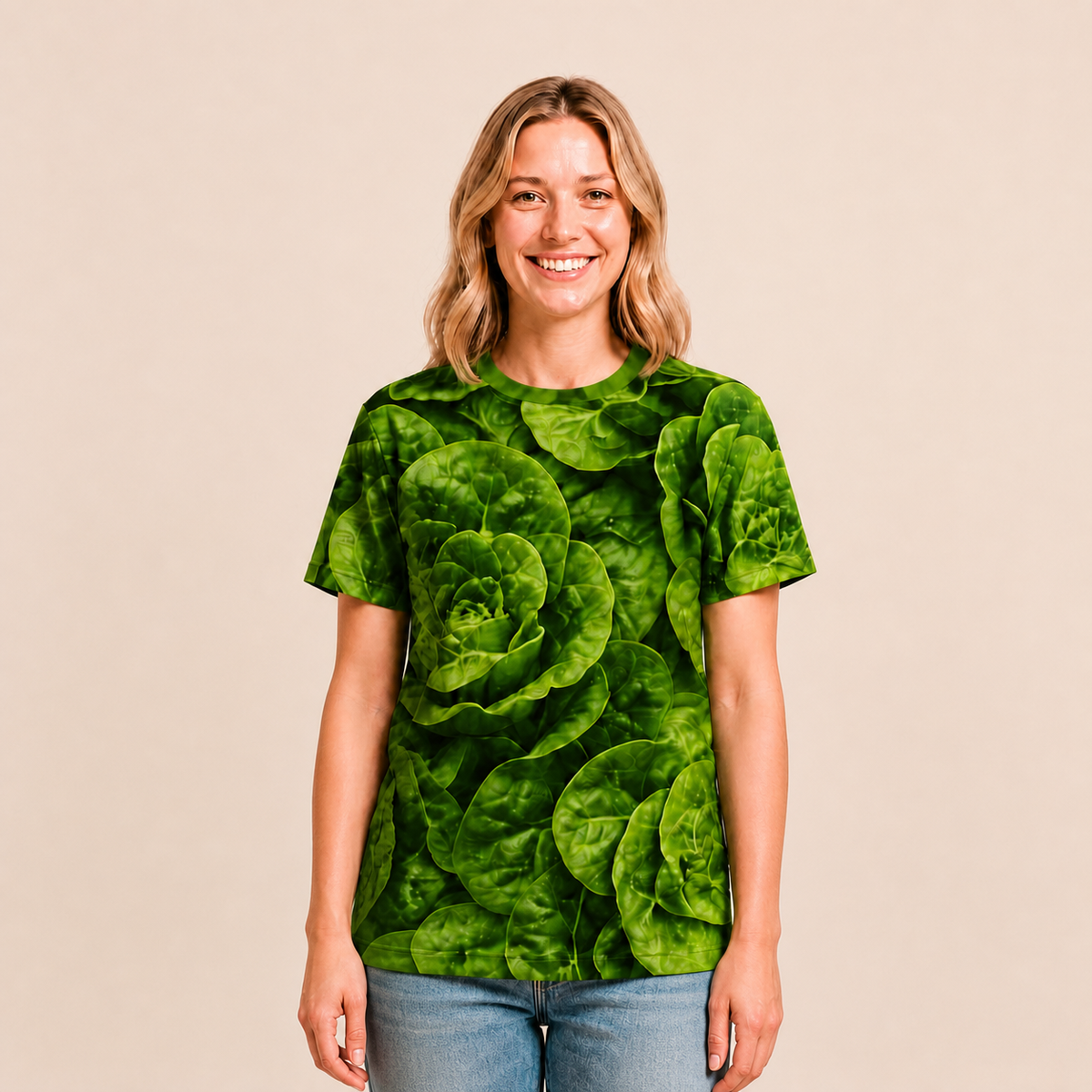 Lettuce all-over-print shirt worn by approved Foodwear actor, front view