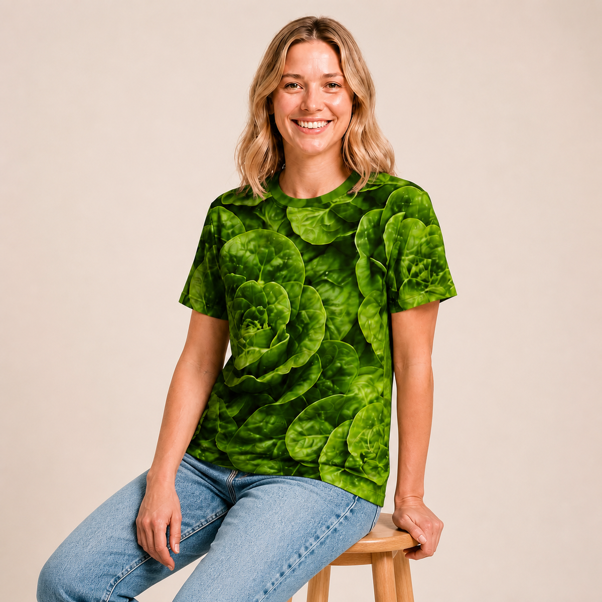 Lettuce all-over-print shirt worn by approved Foodwear actor, seated three-quarter view
