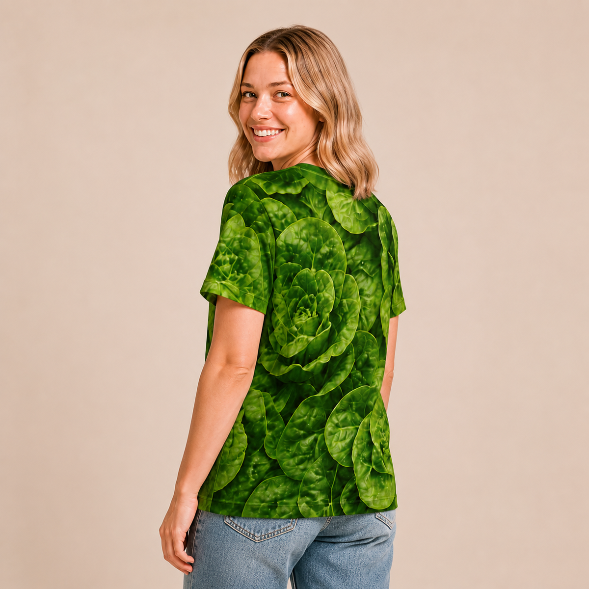 Lettuce all-over-print shirt worn by approved Foodwear actor, rear three-quarter view