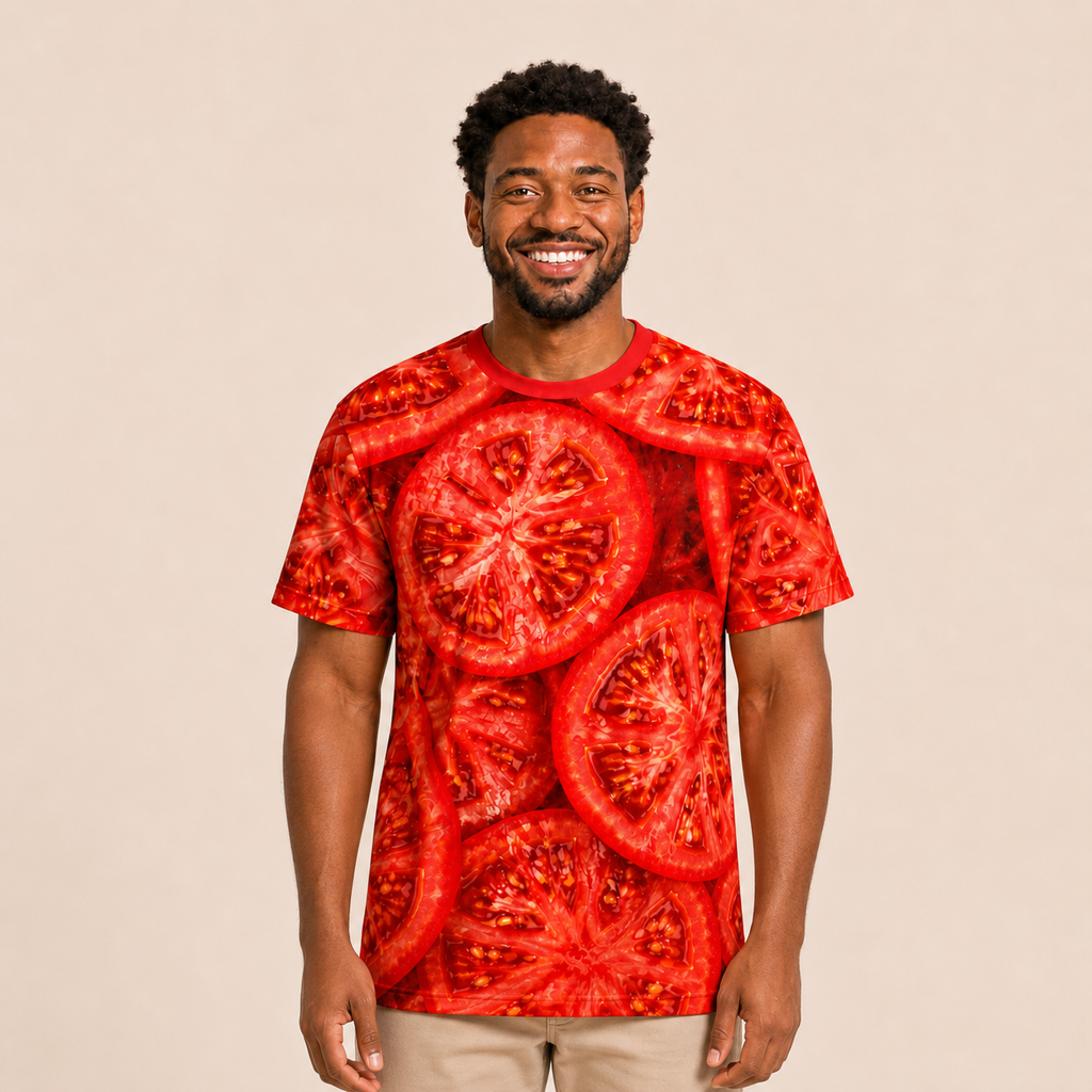 Tomato all-over-print shirt worn by approved Foodwear actor, front view