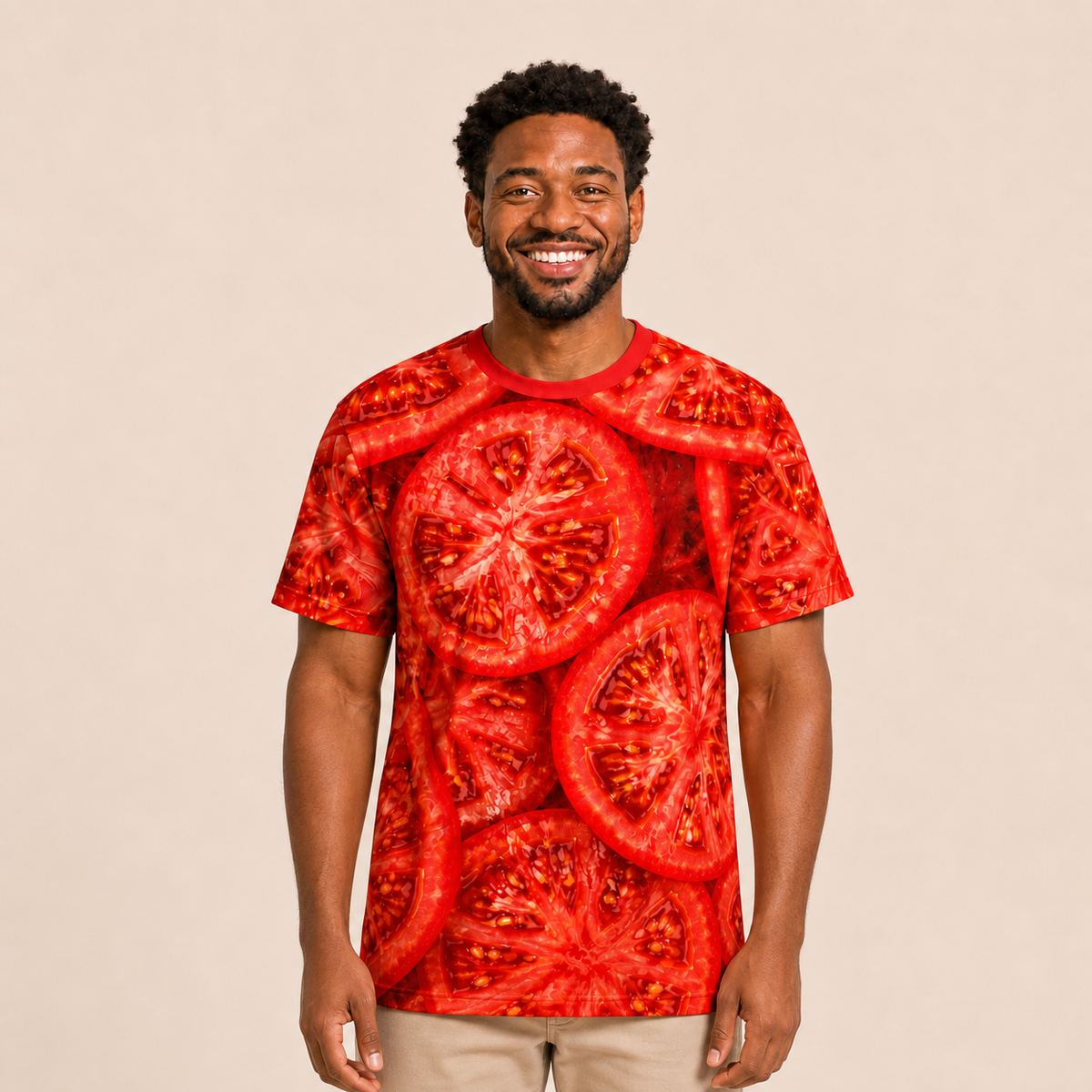 Tomato all-over-print shirt worn by approved Foodwear actor, front view