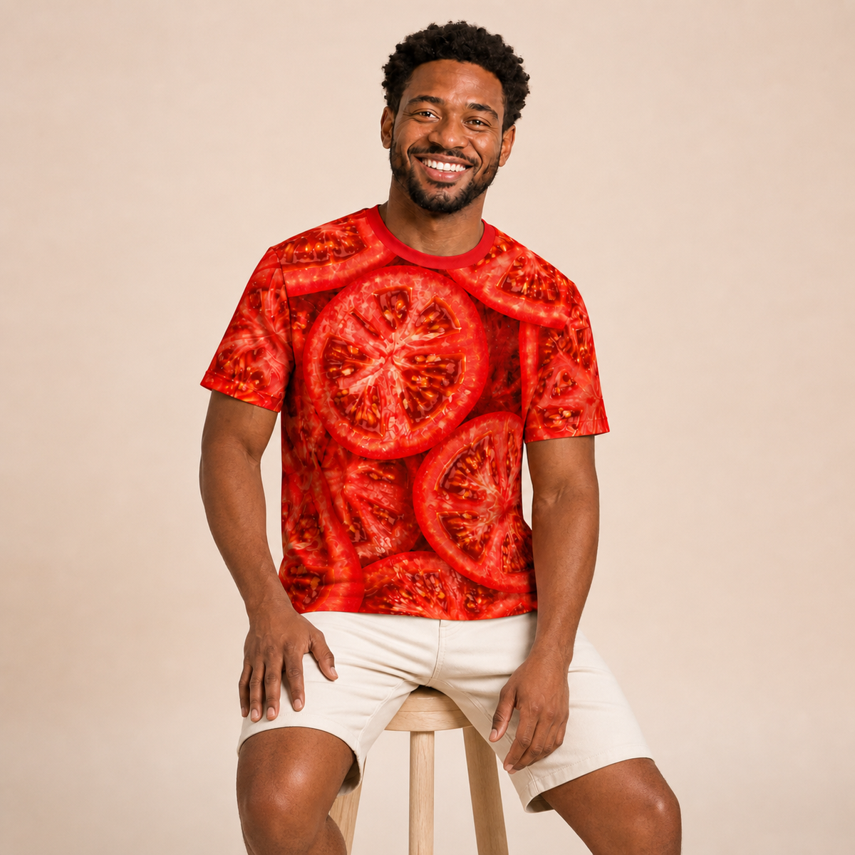 Tomato all-over-print shirt worn by approved Foodwear actor, seated three-quarter view
