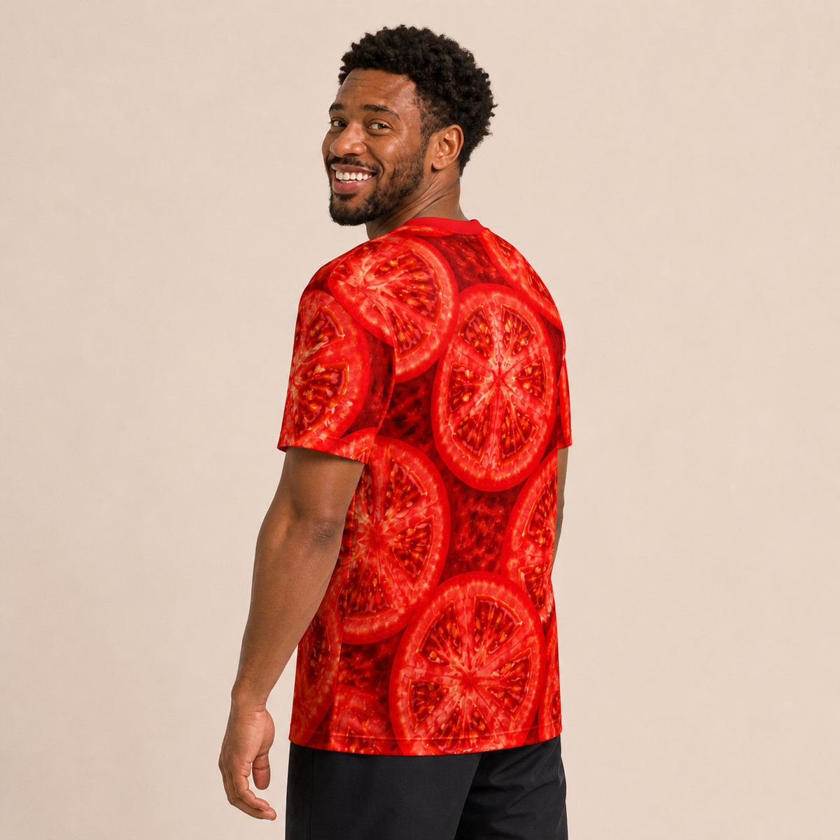 Tomato all-over-print shirt worn by approved Foodwear actor, rear three-quarter view